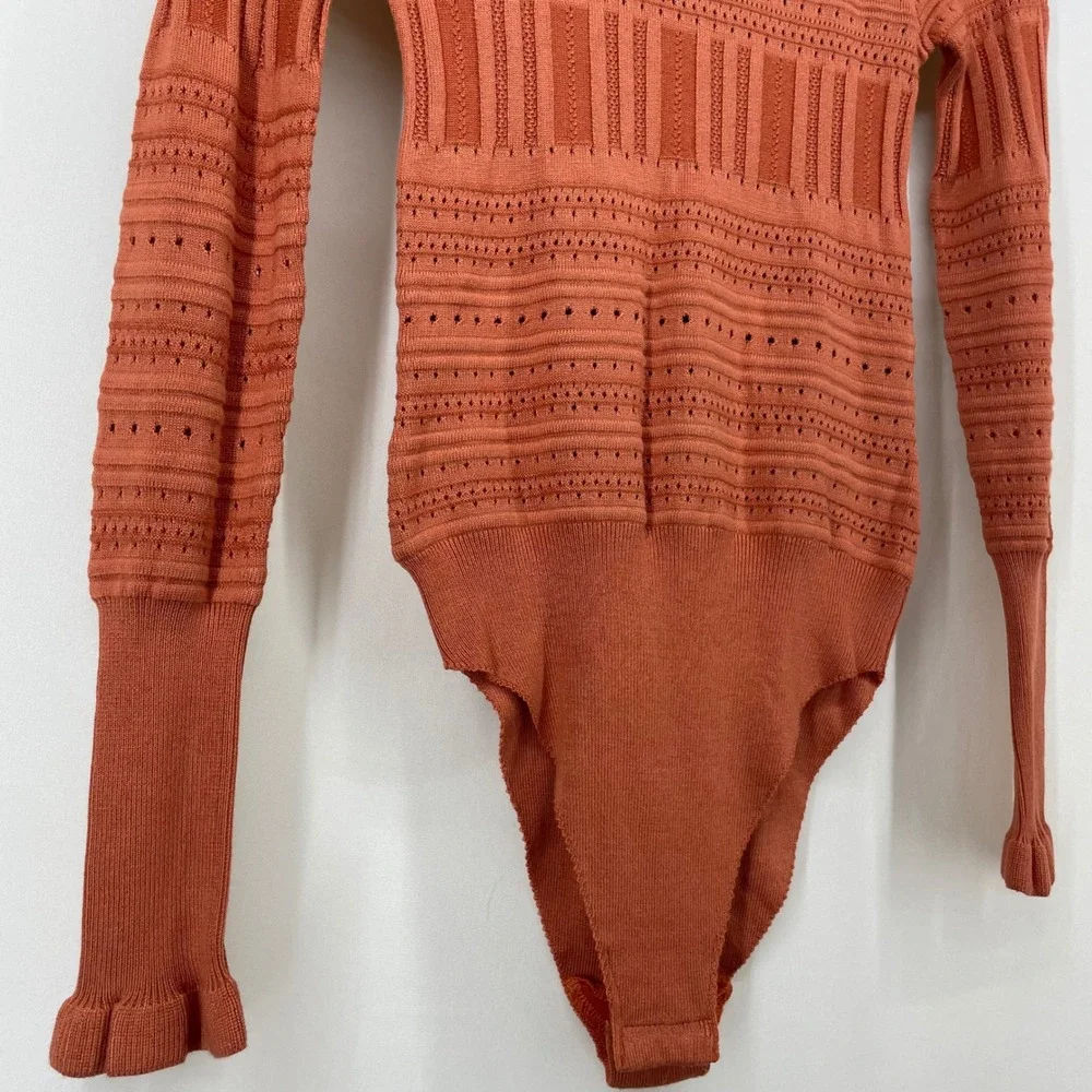 Free People Size Small Pointelle Me About It Bodysuit Orange Mock Neck Ruffle